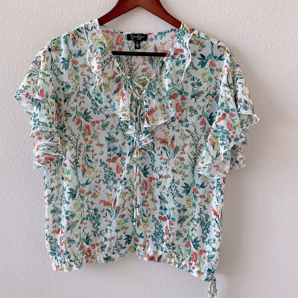 Jessica Simpson sheer floral flutter sleeve top M